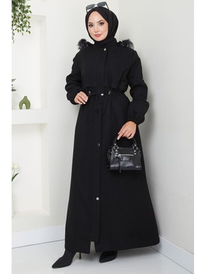 Kapüşonu Kürklü Bağcıklı Büyük Beden Kaşe Kaban Siyah HM2584