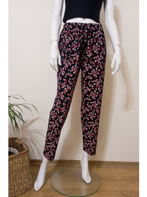 Kadın Kırmızı Çiçek Baskılı Yumuşacık Penye Pijama Altı