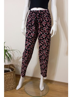 Kadın Kırmızı Çiçek Baskılı Yumuşacık Penye Pijama Altı