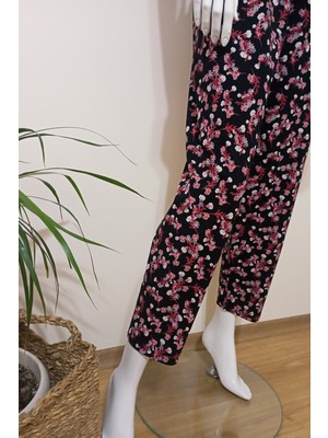 Kadın Kırmızı Çiçek Baskılı Yumuşacık Penye Pijama Altı