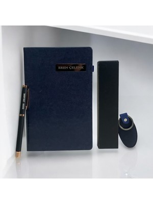 Eren Ofis Kişiye Özel Kenar Boyalı Lacivert Defter Ismli & Kişiye Özel Roller Kalem & Anahtarlık Hediye Seti