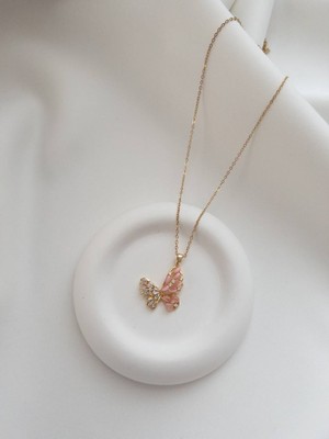 Minne Jewelry Çelik Kelebek Kolye - Çelik Pembe Kelebek Kolye - Kelebekli Kolye