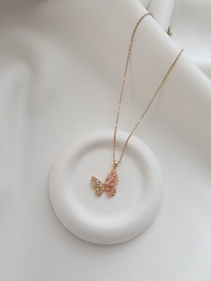 Minne Jewelry Çelik Kelebek Kolye - Çelik Pembe Kelebek Kolye - Kelebekli Kolye