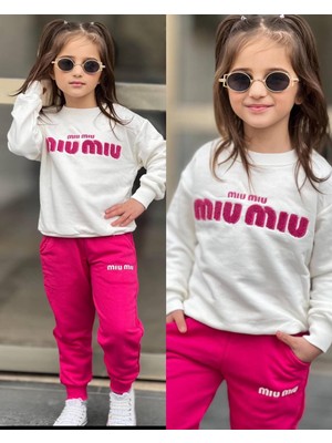 Nakış Detaylı Alt-Üst Kız Çocuk Toz Pembe Renk Pamuklu Likralı 2li Eşofman Takımı Sweatshirt