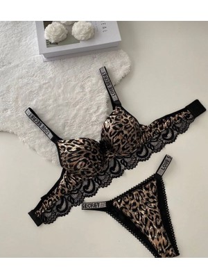 Ipli-Taşlı Parlak Leopar Desen Dolgulu Sütyen Takım