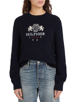 Tommy Hilfiger Yuvarlak Yaka Standart Nakışlı Lacivert Kazak Kadın Varsıty Crest C-Nk Sweater