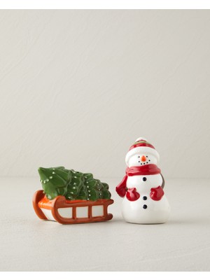 English Home Snowman Seramik 2'li Tuzluk - Biberlik 9x6 cm Beyaz - Yeşil