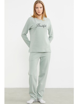 Fitilli Kalın Sıfır Yaka Pijama Takım - Yeşil