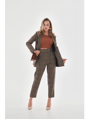 Isawella Yüksek Bel Kemerli Cepli Ekose Pantolon - Kahve