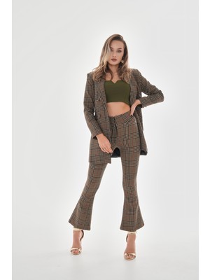 Isawella Omuzları Vatkalı Önü Çıtçıtlı Ekose Blazer Ceket - Vizon