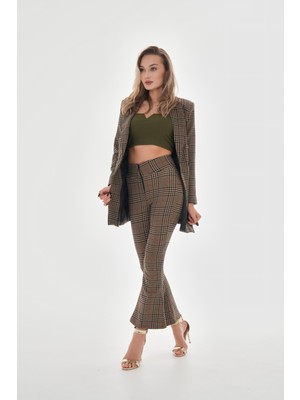 Isawella Likralı Ispanyol Paça Ekose Pantolon - Vizon