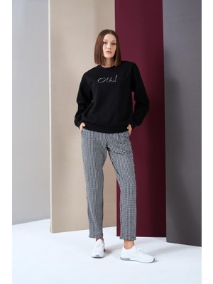 Pjs Kadın Inci Taşlı Yazılı Sweatshirt Ekose Pantolon Ikili Spor Takım