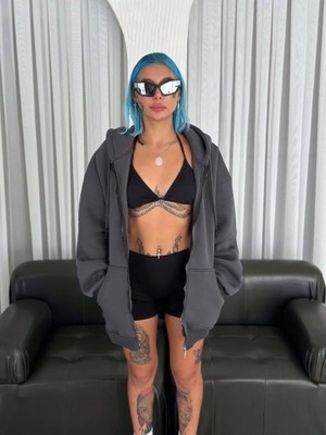 Mrt Concept Oversize Tam Fermuarlı Uzun Kol Hırka - Füme