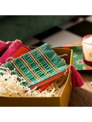 Zsa Zsa Zsu Delhı Boncuk Nakışlı Küçük Boy Pamuk Pamuk Makyaj Çantası 12x18 Cm Yeşil