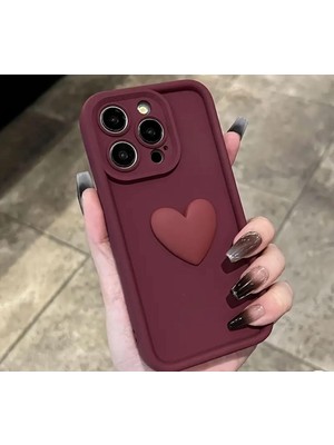 The Margi Apple iPhone  Üç Boyutlu Bordo Kalp Detaylı Kamera  Korumalı Yumuşak Silikon Telefon Kılıfı