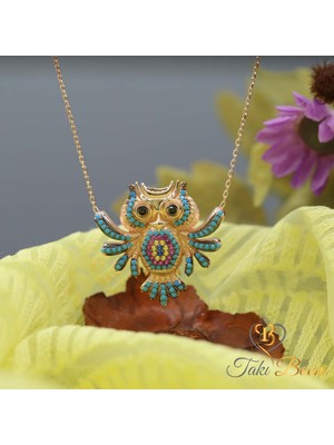 Renkli Taşlı Nazar Boncuklu Baykuş Gümüş Kolye