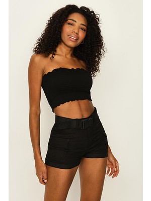 Select Moda Kadın Kemerli Kargo Mini Şort