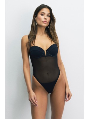 House Of Silk Viola Destekli Push Up Tül Bodysuit Siyah