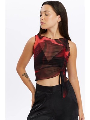 Transparan Büzgülü Tül Bluz