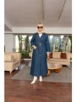 Neways 6655-KUŞAKLI Koyu Mavi Denim Ceket Kadın Kolsuz Standart Yaka Özellikli