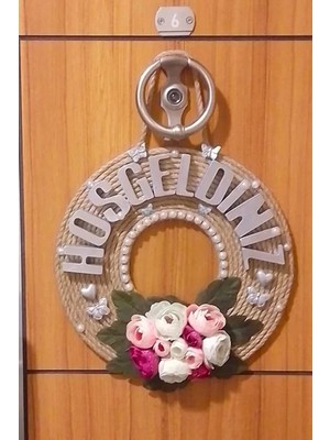 Esnature Dekoratif Hasır Halat Ipli Hoşgeldiniz Yazılı Çiçekli Kapı Süsü 30 cm X43 cm