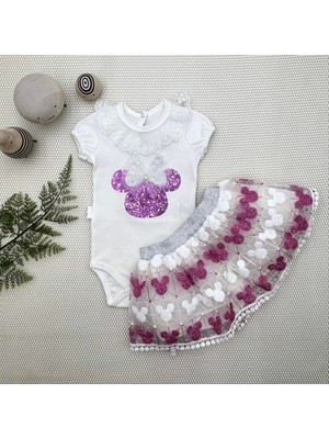 1-2-3 Yaş Payetli Mickey Nakışlı  Kısa Kollu Brode Etekli 2li Kız Bebek Takımı