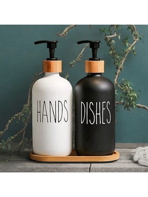 Hands Dishes 2’li Siyah Beyaz Dekoratif Mutfak Banyo Sıvı Cam Sabunluk Seti 500ML Bambu Stantlı Sabunluk Dispanseri Seti