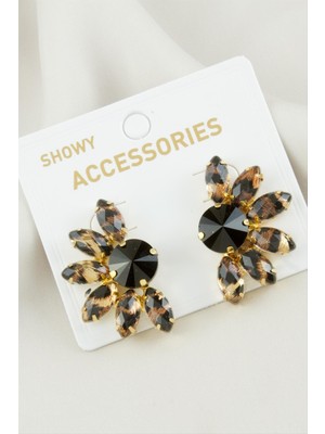 Bijuteri Net Çiçek Kristal Taşlı Metal Küpe