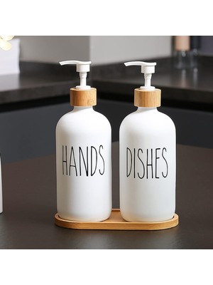 Hands Dishes 2’li Soft Beyaz Dekoratif Mutfak Banyo Sıvı Cam Sabunluk Seti 500ML Bambu Stantlı Sabunluk Dispanseri Seti