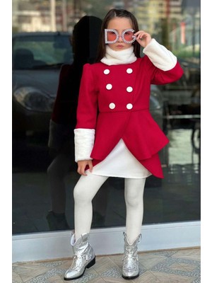 Kız Çocuk Kol Uçları Peluş Detaylı Kırmızı Kaşe Kabanlı Takım