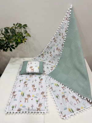 Buse Baby Home Poplin Kumaş ve Ponponlu Alt Açma , Yastık ve Battaniye 3'lü Set
