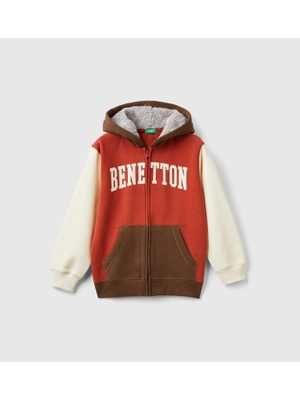 United Colors Of Benetton Erkek Çocuk Tarçın Mix Önü Logo Baskılı Cep Detaylı Fermuarlı Kapüşonlu Sweatshirt