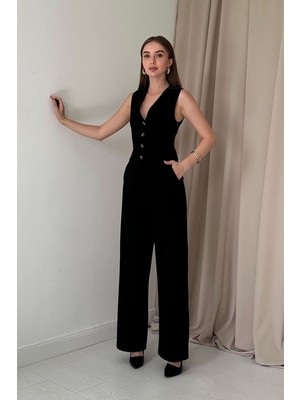 Elbee Fashion Woman Siyah Arkası Garnili Yelek ve Pantolon Takım