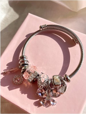 X-lady Accessories Gümüş Renk Kristal Pembe Kelebek Charmlı Pandora Çelik Bileklik -  3190