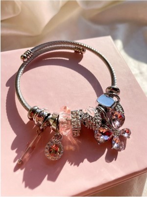 X-lady Accessories Gümüş Renk Kristal Pembe Kelebek Charmlı Pandora Çelik Bileklik -  3190