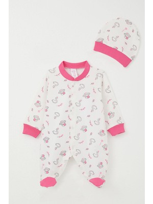 Breeze Kız Bebek Patikli Tulum Mantar Ev & Prenses Kuğu Desenli 0-6 Ay, Beyaz