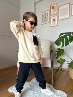 Nina Kids %100 Pamuk Kapak Cepli Sweatshirt Erkek Takım Krem - 12 Yaş