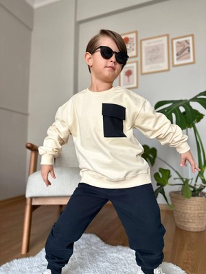 Nina Kids %100 Pamuk Kapak Cepli Sweatshirt Erkek Takım Krem - 12 Yaş