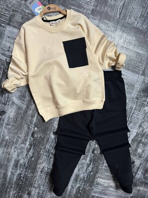 Nina Kids %100 Pamuk Kapak Cepli Sweatshirt Erkek Takım Krem - 12 Yaş