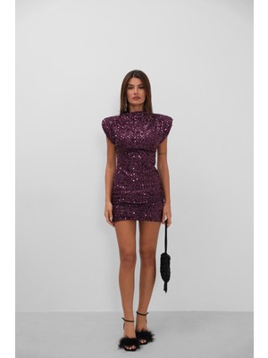 Sıfır Kol Payetli Mini Mor Elbise
