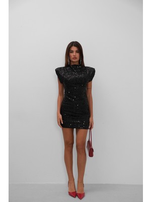 Sıfır Kol Payetli Mini Siyah Elbise