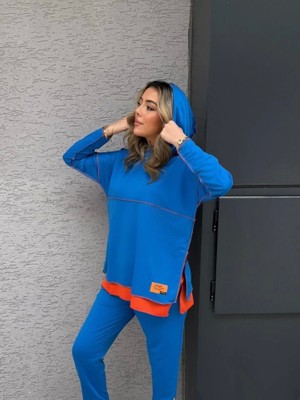 Defy Moda Kadın Indigo Kapşonlu Etek Ucu Detay Arma Ters Dikiş Gorunumlu Ikili Takım