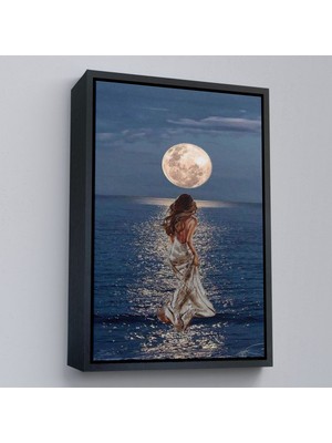 Alaz Trade Çerçeveli Deniz Üstünde Aya Doğru Yürüyen Soyut Kadın TABLO-7684