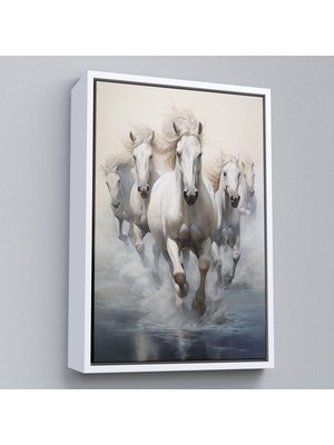 Alaz Trade Çerçeveli Suda Koşan Beyaz Atlar TABLOSU-8000