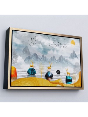Alaz Trade Çerçeveli 3D Modern Tasarım Altın Geyikler TABLOSU-7196