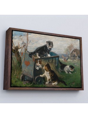 Alaz Trade Çerçeveli Julius Adam - Çayırda Arabada Oynayan Kedi Yavruları TABLO-7084