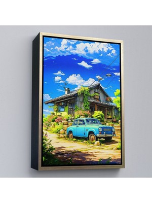Alaz Trade Çerçeveli Şirin Ev Önündeki Mavi Araba TABLOSU-7688