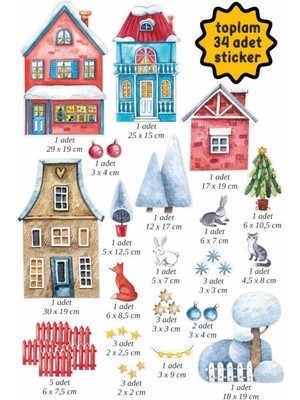 Mediterian 34'lü Renkli Çocuk Cam Sticker Seti, Yılbaşı ve Noel Dekorasyonları