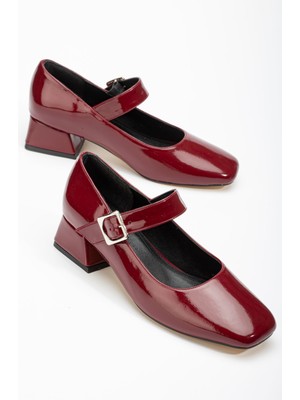 Ellolita Luxury Shoes ST-006 Bordo Rugan Günlük 4 cm Topuklu Bayan Ayakkabı