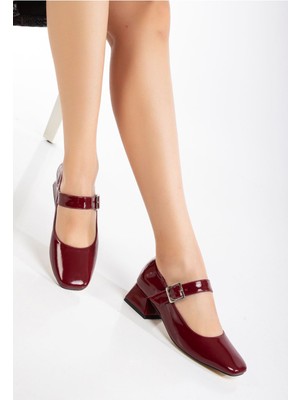 Ellolita Luxury Shoes ST-006 Bordo Rugan Günlük 4 cm Topuklu Bayan Ayakkabı